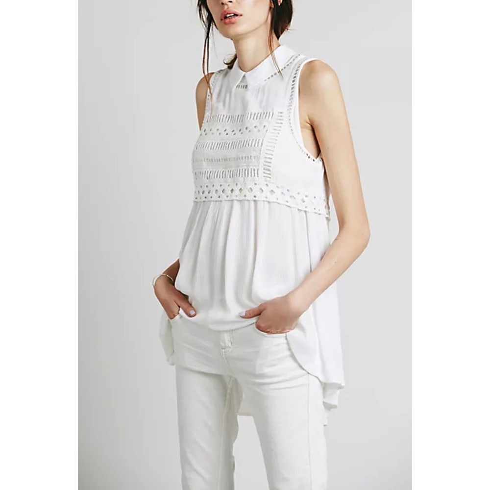 Free People White Eyelet Lace Sleeveless Tunic Collared Boho Top Medium Ivory